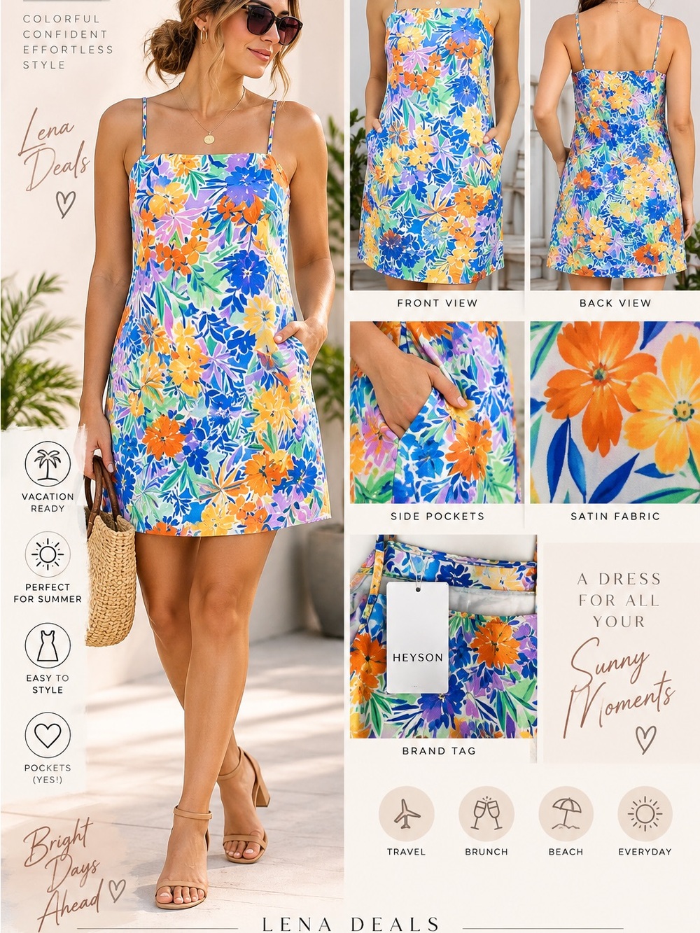 Heyson Floral Satin Spaghetti-Strap Mini Dress Pockets on Side Multicolor Sz L